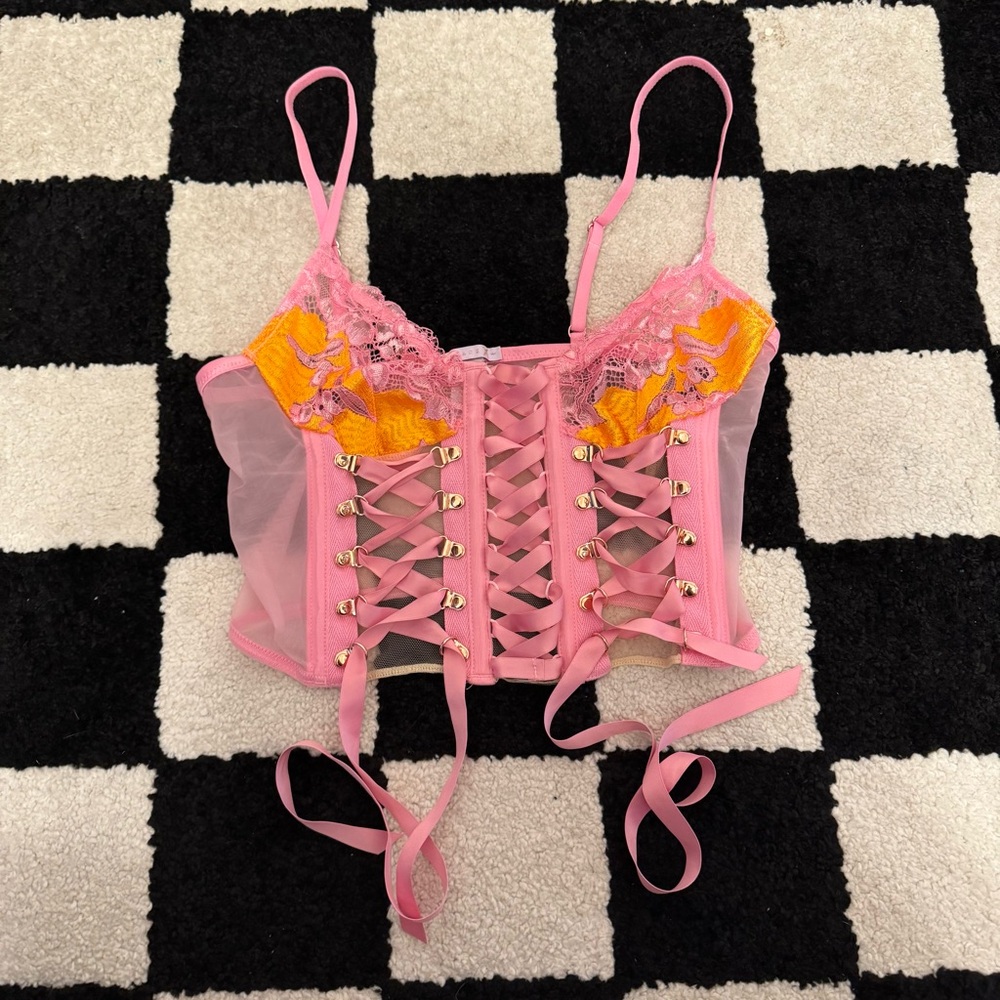 Savage X Fenty Pink & Orange Lace Up Corset Bra Size Small